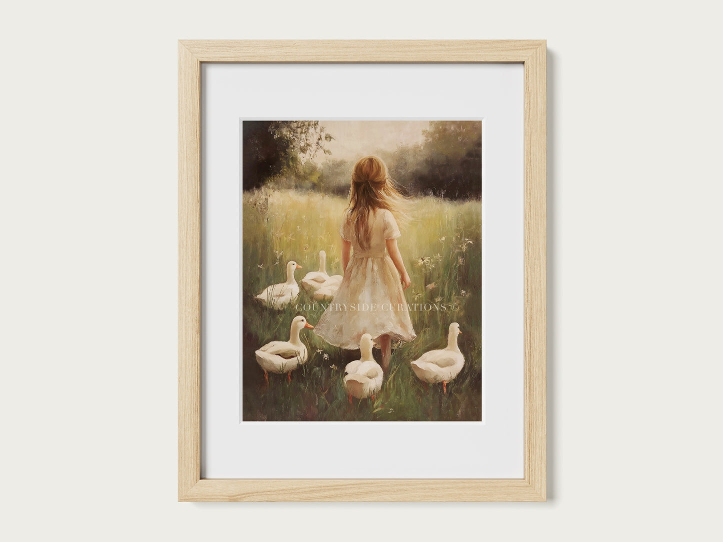 Cottage countryside oil painting of girl in flowing dress surrounded by ducks in a grassy meadow with warm natural light.