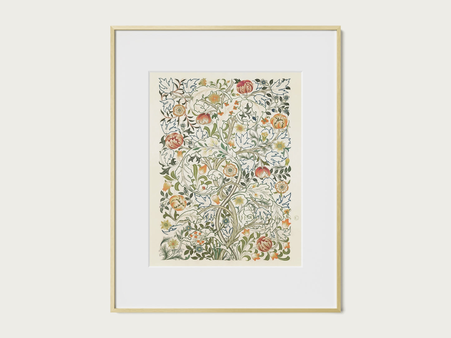 Botanical tapestry print with ornate foliage and flowers arranged in a vintage decorative pattern for interiors.