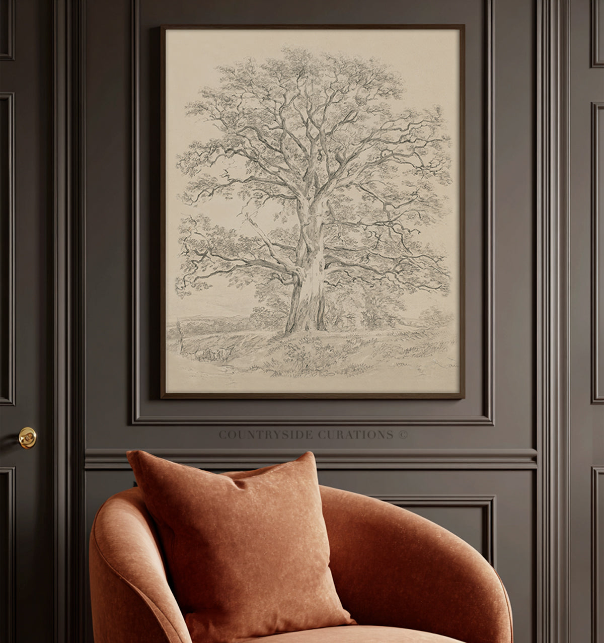 Vintage pencil sketch of a large oak tree with detailed branches and soft landscape background in neutral earthy tones.