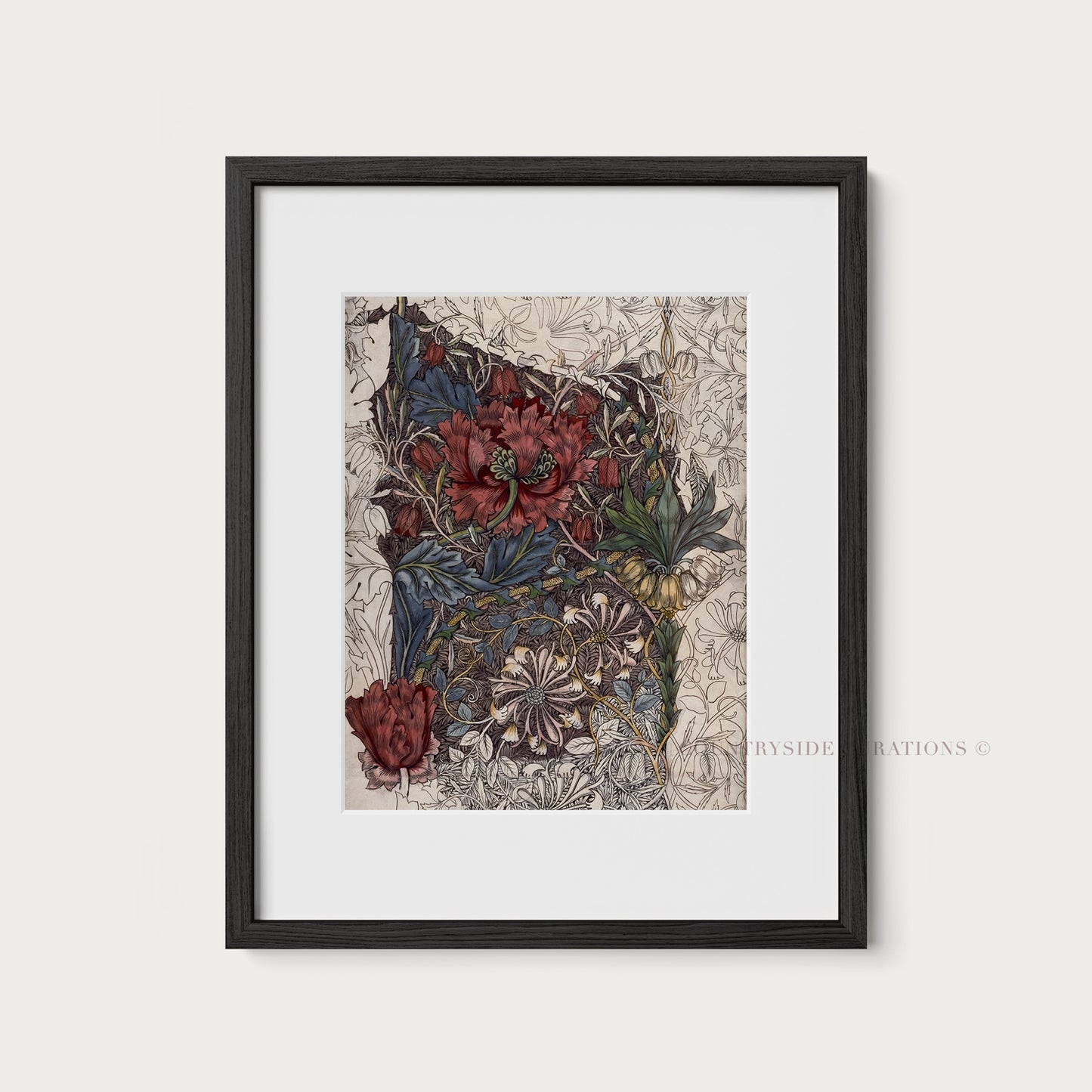Vintage Botanical Wall Art Print Burgundy Floral Study