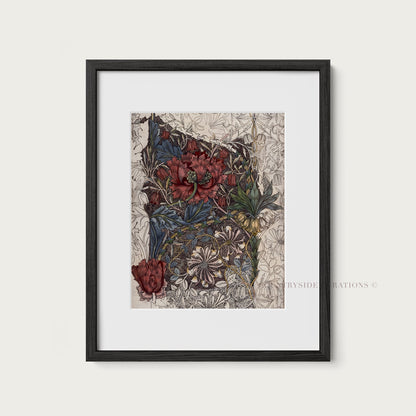 Vintage Botanical Wall Art Print Burgundy Floral Study