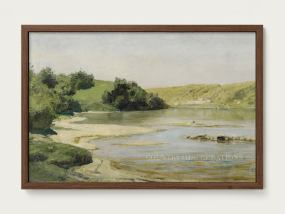 dark wood decor framed artwork of countryside river.