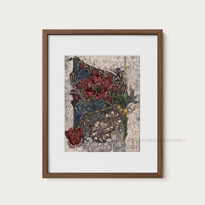 Vintage Botanical Wall Art Print Burgundy Floral Study
