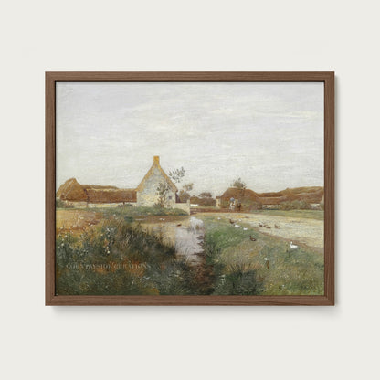 Farmhouse Landscape Pond and Ducks Oil Painting Print