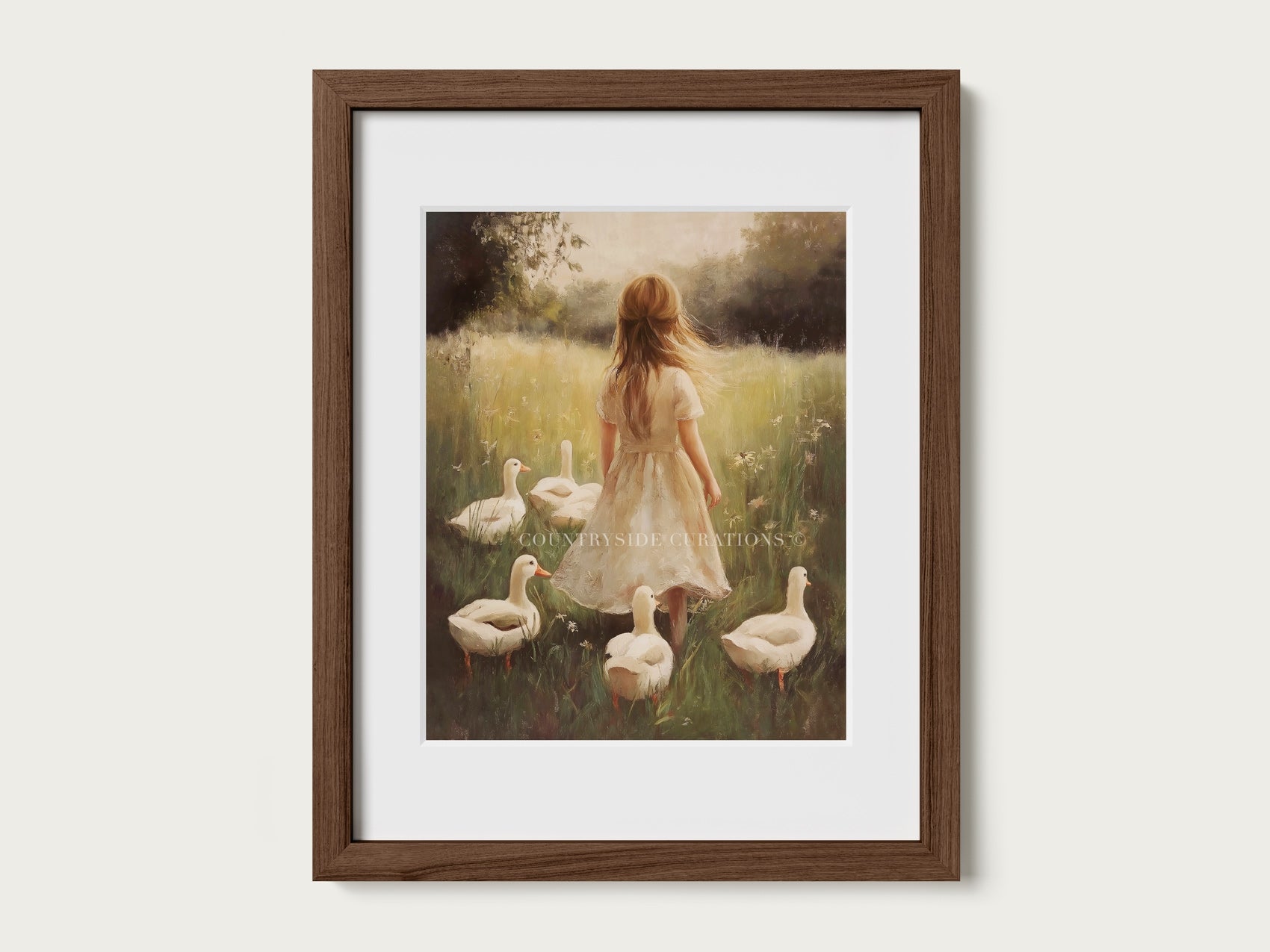 country girl in a white dress walking in a meadow with white ducks framed in dark wood frame.