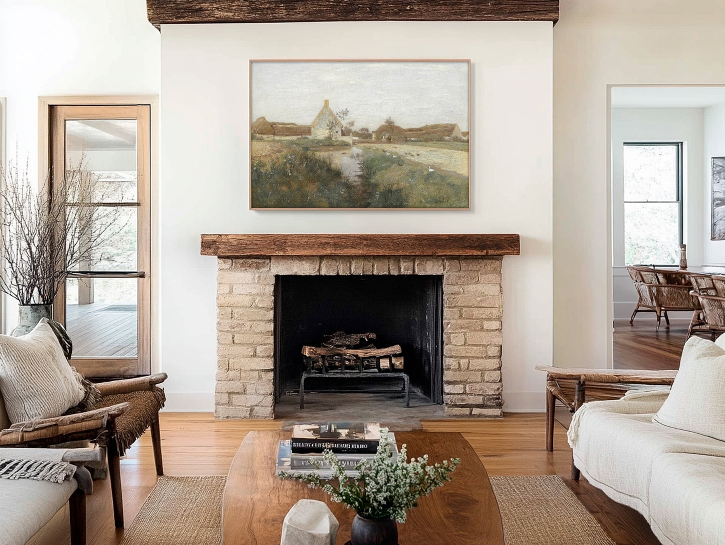 Farmhouse Landscape Pond and Ducks Oil Painting Print