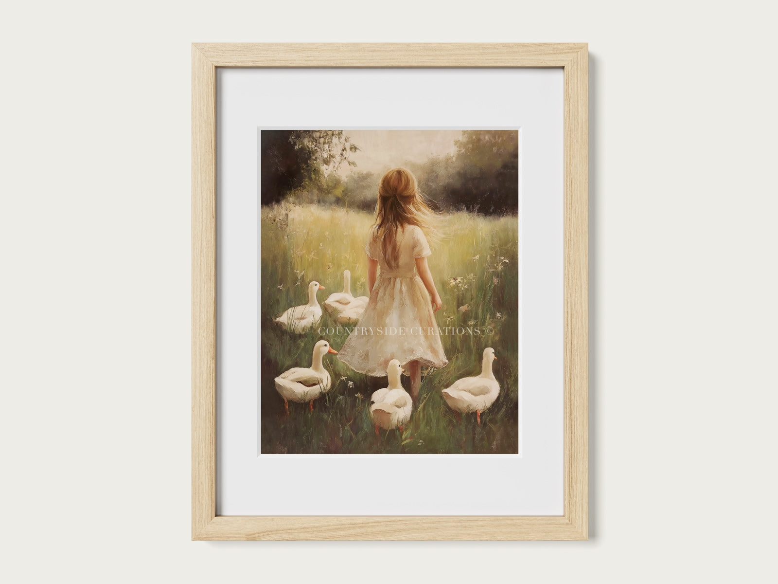 Cottage countryside oil painting of girl in flowing dress surrounded by ducks in a grassy meadow with warm natural light.