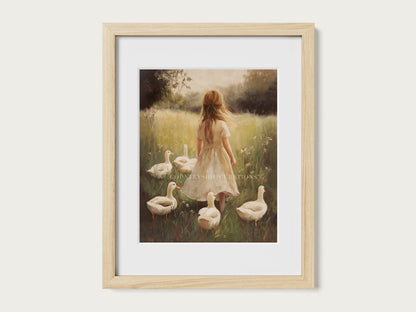 Cottage countryside oil painting of girl in flowing dress surrounded by ducks in a grassy meadow with warm natural light.