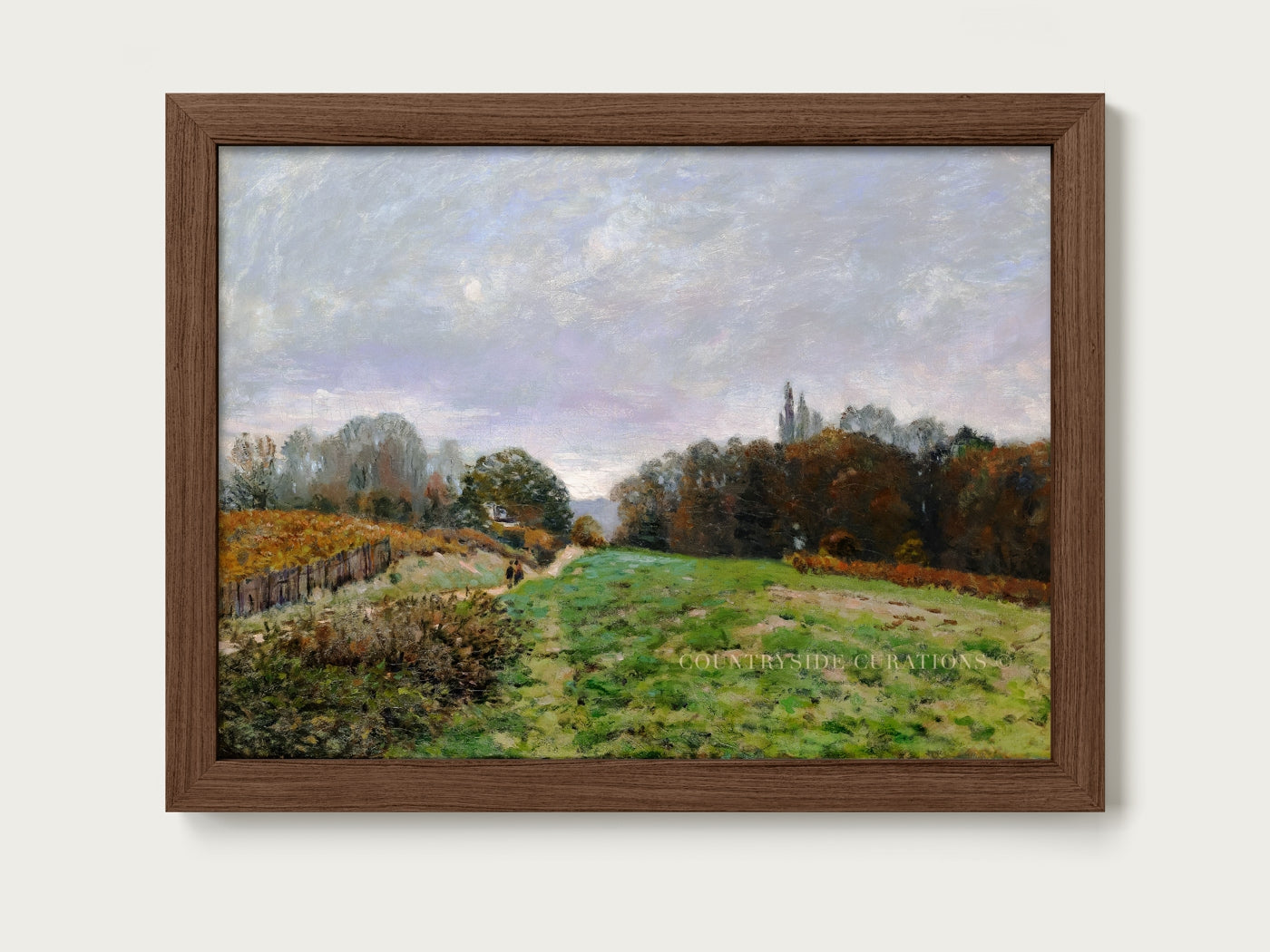 Traditional pastoral oil painting featuring a rural path, textured grasses, and muted sky, suited for farmhouse decor.