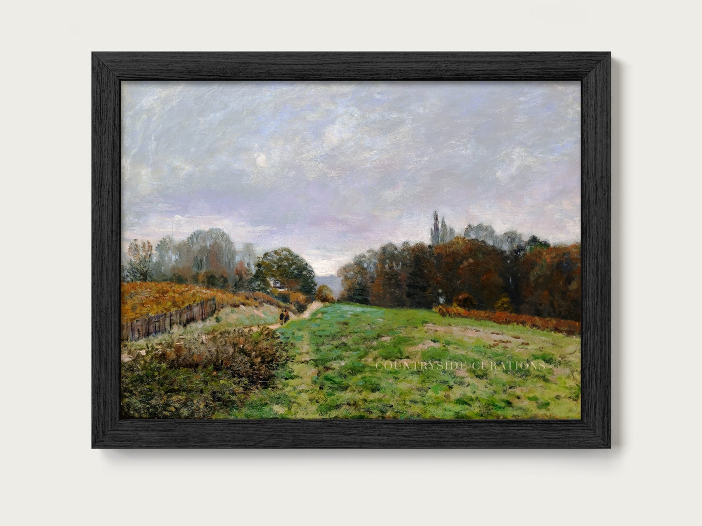 Vintage style oil painting of a rural landscape with grassy field, fence line, and autumn foliage under a moody sky.