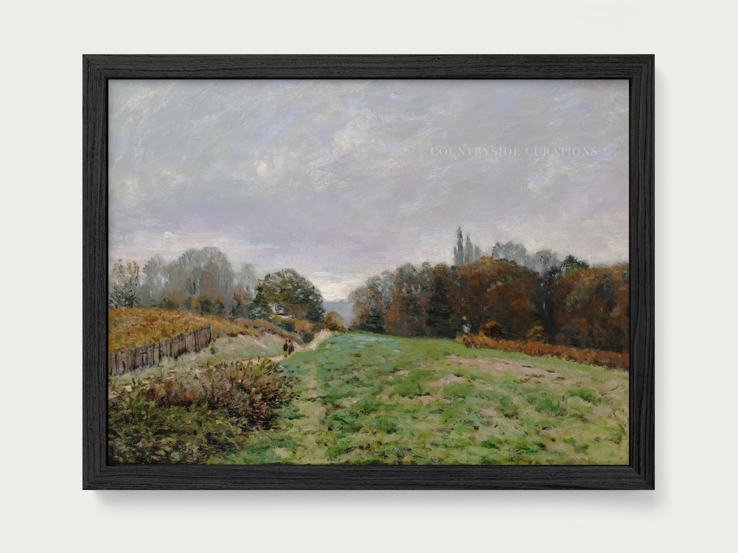 Vintage style oil painting of a rural landscape with grassy field, fence line, and autumn foliage under a calm sky.