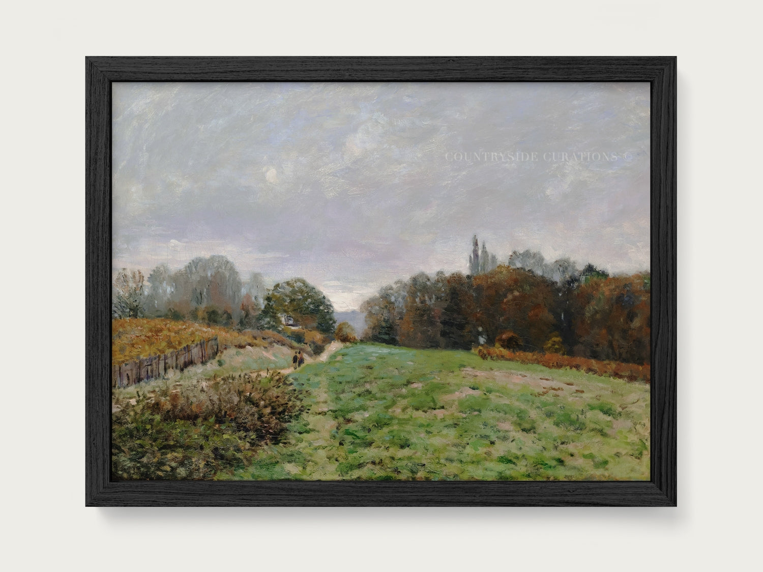 Vintage style oil painting of a rural landscape with grassy field, fence line, and autumn foliage under a calm sky.