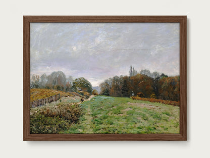 Pastoral oil painting of a countryside path through an open field with autumn trees and soft muted sky in the distance.