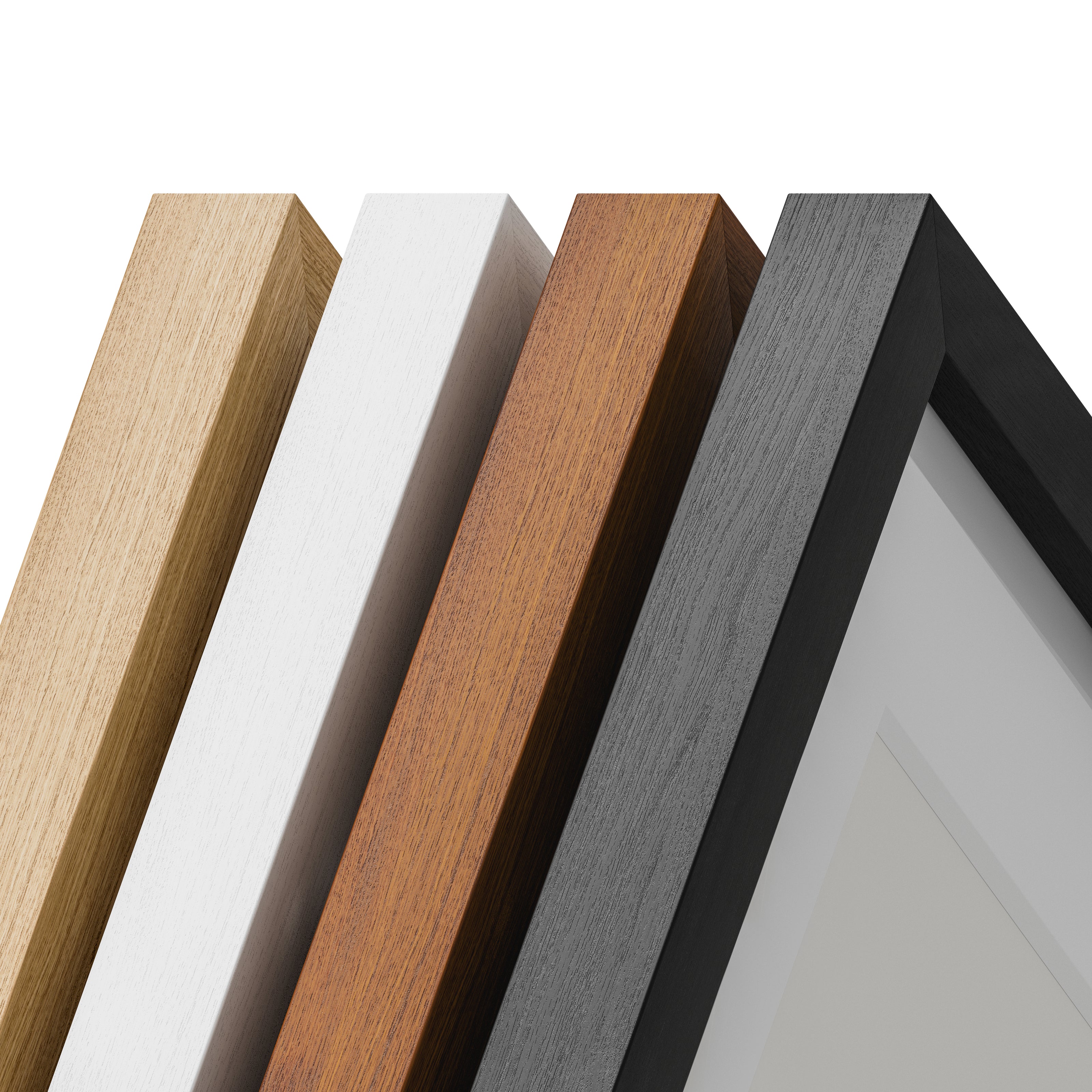 four wooden picture frames in different stain colours on a white background