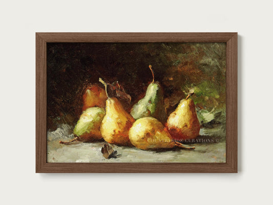 Rustic pear still life oil painting print with warm tones and soft shadowed background, ideal for farmhouse kitchen walls.