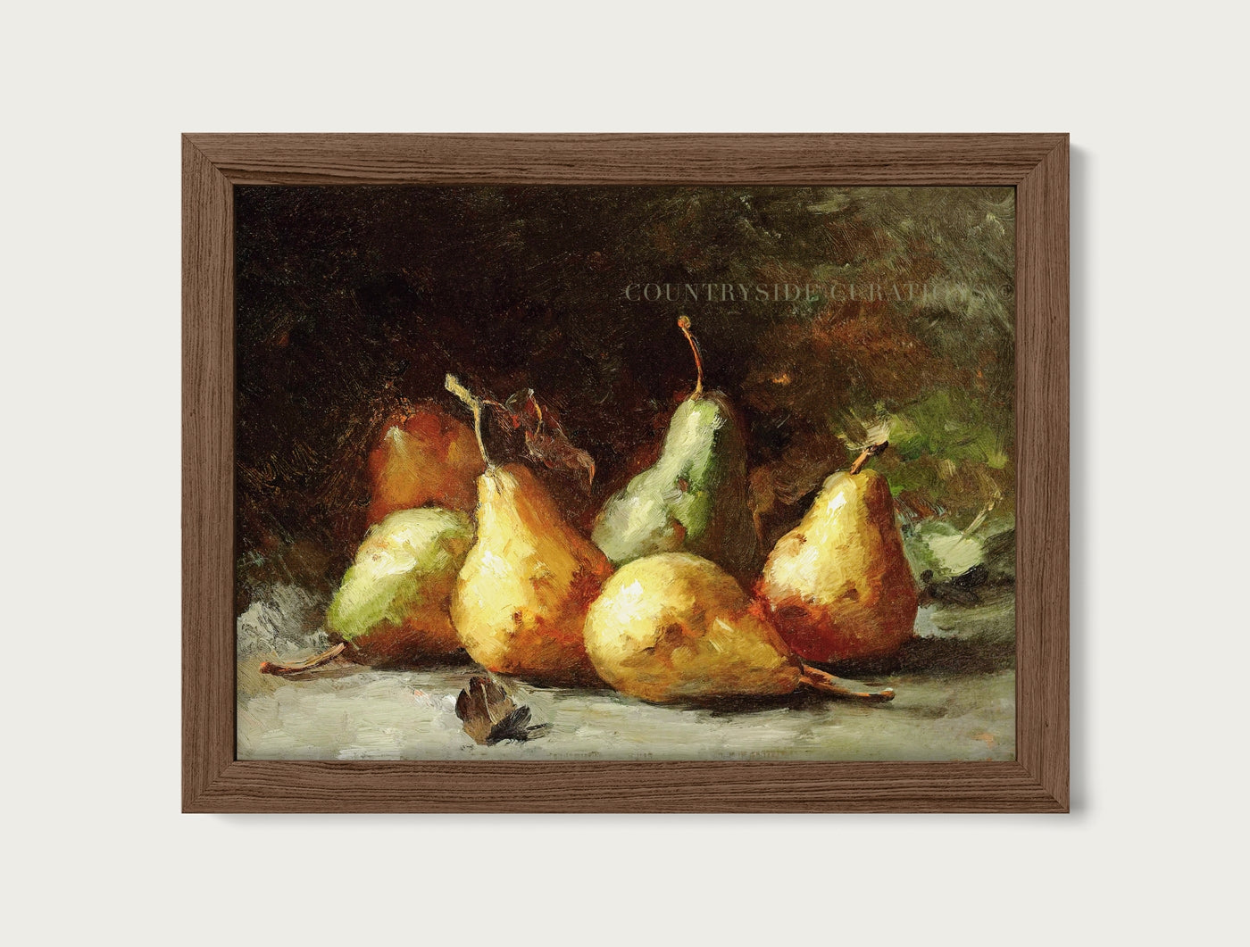 Vintage oil painting of pears arranged on a rustic tabletop with dark moody background, classic still life for kitchen decor.