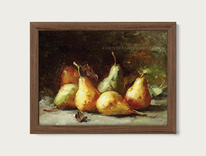 Vintage oil painting of pears arranged on a rustic tabletop with dark moody background, classic still life for kitchen decor.