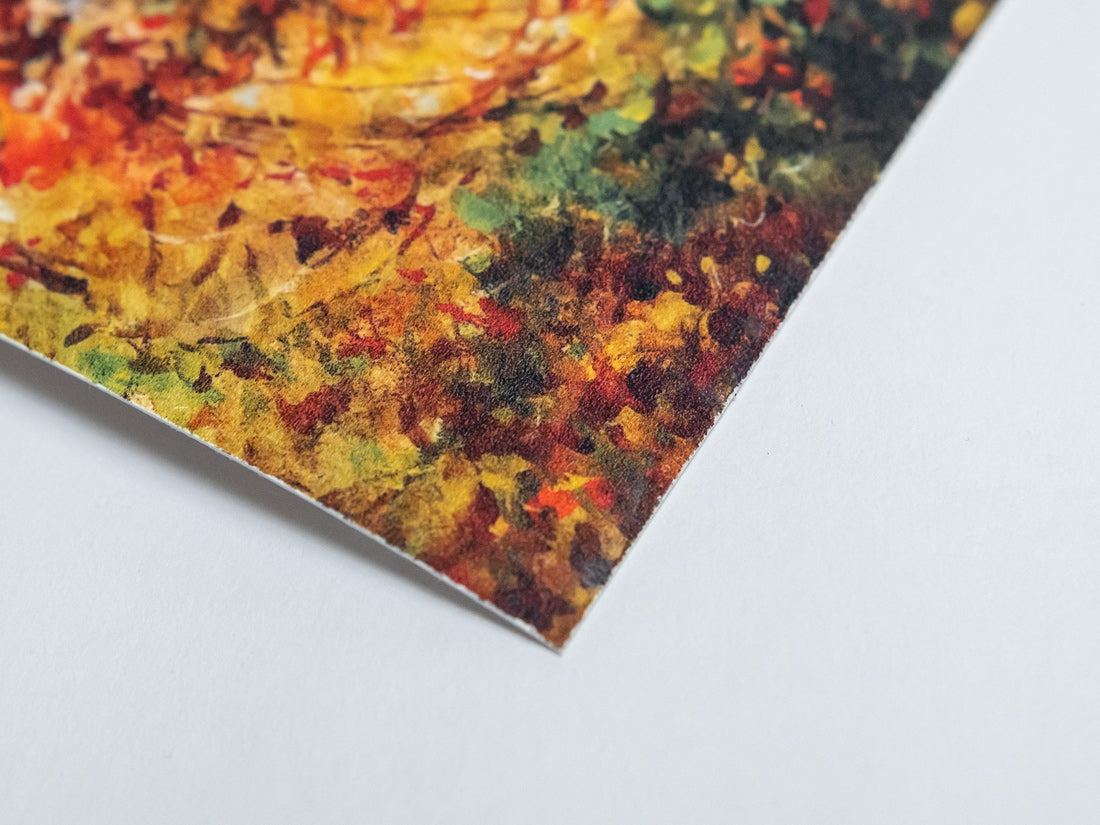 Autumn forest oil painting with vibrant fall foliage, warm golden tones, and dense woodland trees in soft light.