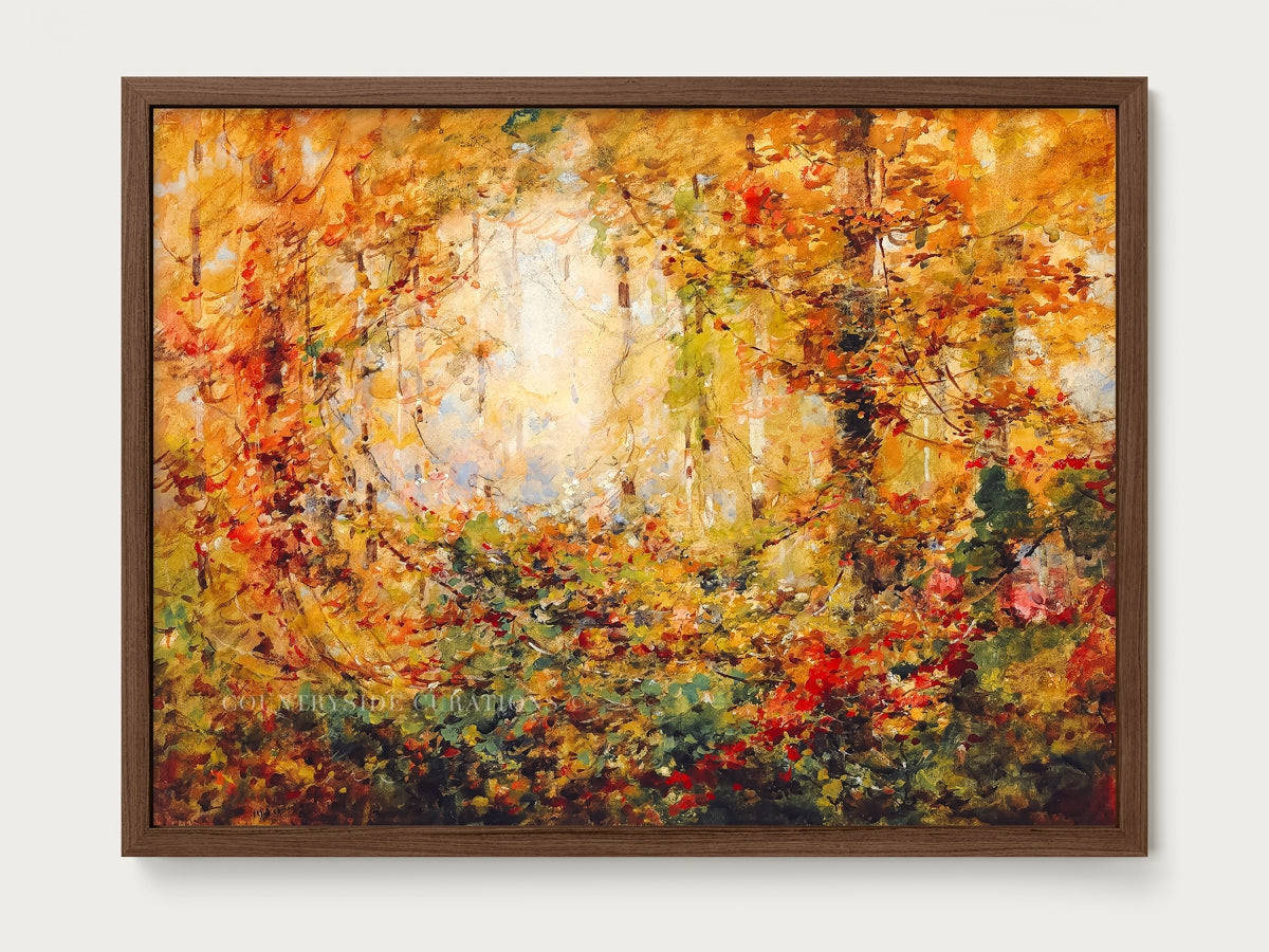 Fall woodland oil painting print showing colorful leaves, textured brushwork, and a glowing forest scene.