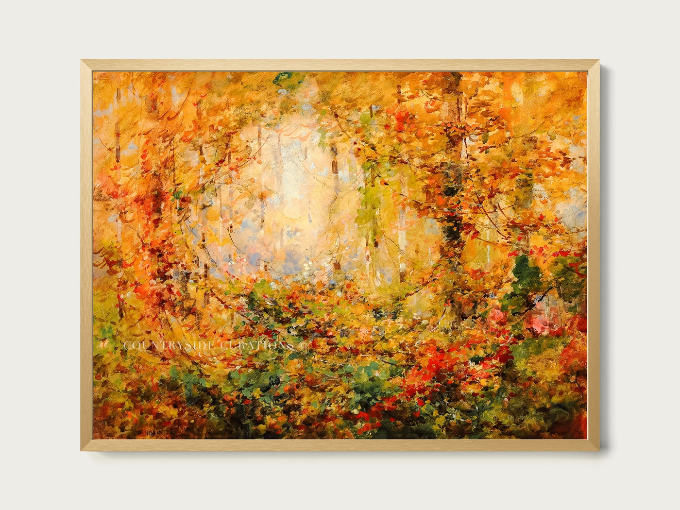 Cozy autumn landscape oil painting of a forest filled with red, orange, and yellow foliage and layered textures.
