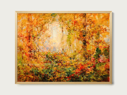 Cozy autumn landscape oil painting of a forest filled with red, orange, and yellow foliage and layered textures.