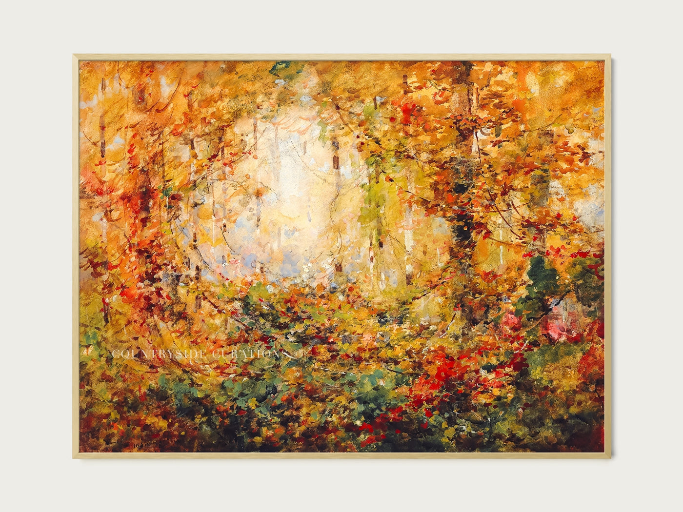 Vintage style oil painting of an autumn forest with rich colors, dense trees, and warm seasonal atmosphere.