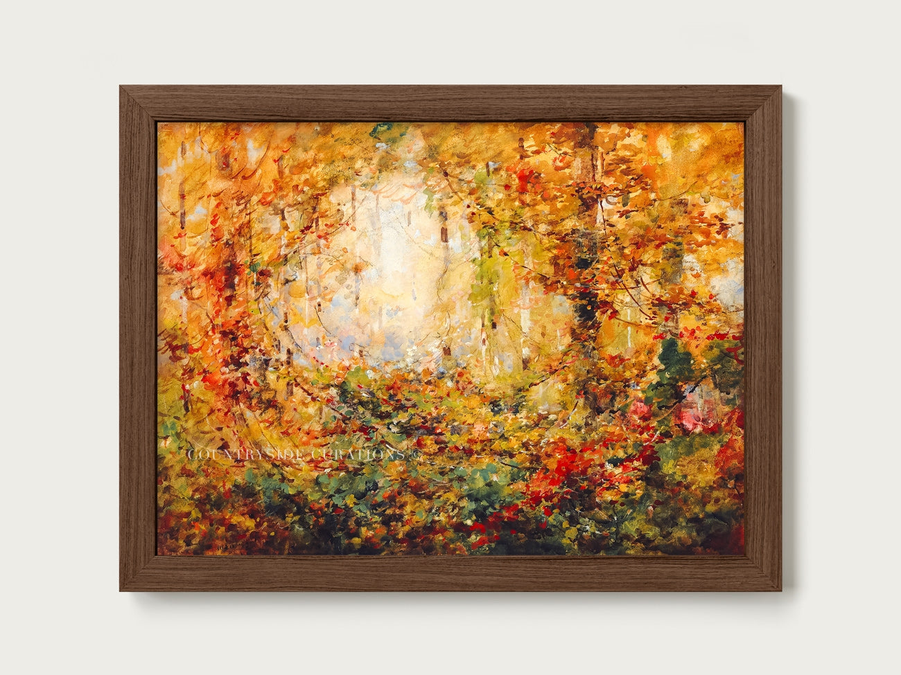 North American fall forest oil painting with bright foliage and expressive brushwork in a cozy woodland setting.