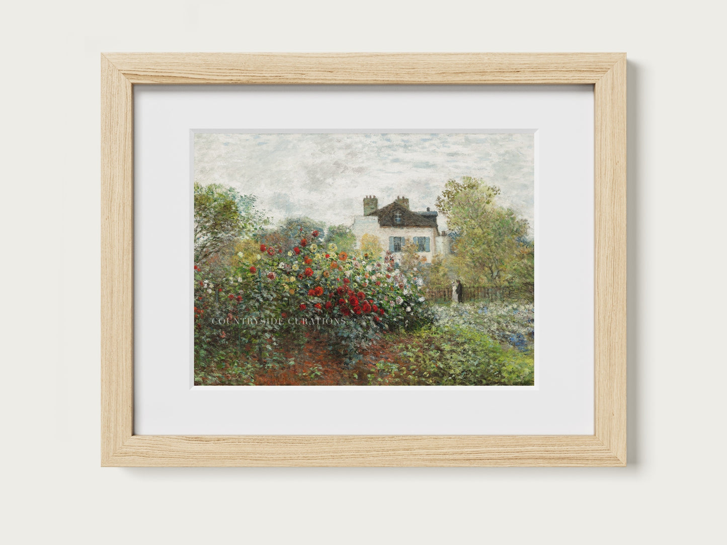 Impressionist oil painting of a cottage garden with blooming roses and a countryside home surrounded by lush greenery.