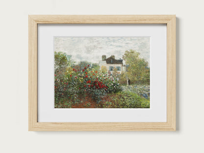 Impressionist oil painting of a cottage garden with blooming roses and a countryside home surrounded by lush greenery.