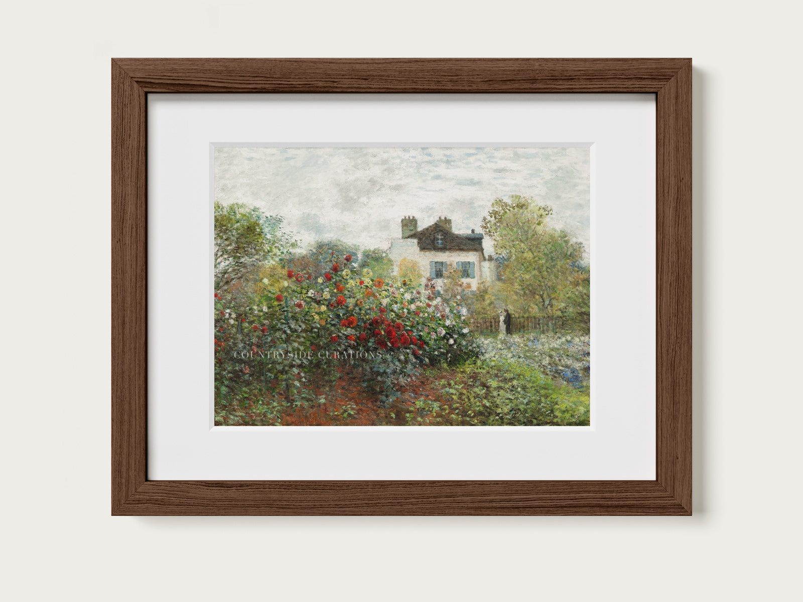 Impressionist oil painting of a cottage garden with blooming roses and dahlias a countryside home surrounded by lush greenery.