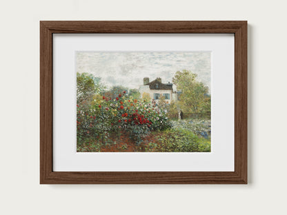 Impressionist oil painting of a cottage garden with blooming roses and dahlias a countryside home surrounded by lush greenery.