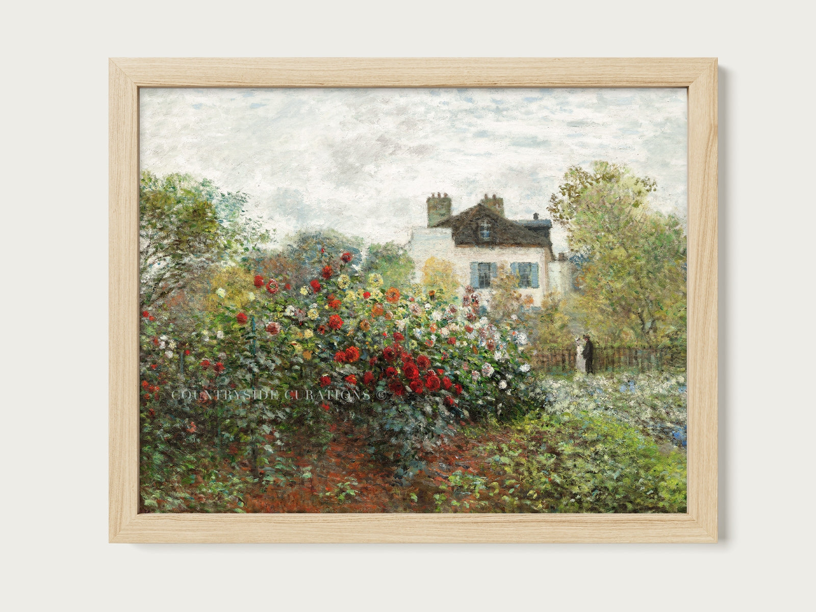 Cottage garden oil painting featuring red and pink roses, greenery, and a quiet farmhouse setting in soft tones.