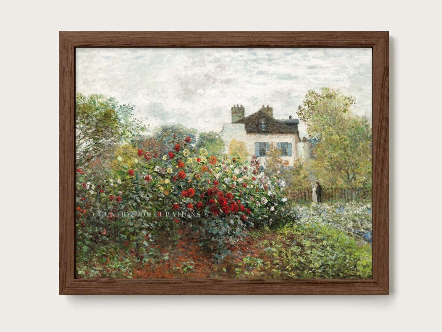 Cottage garden oil painting featuring red and pink roses, greenery, and a quiet farmhouse setting in soft tones. Framed in a walnut oak frame