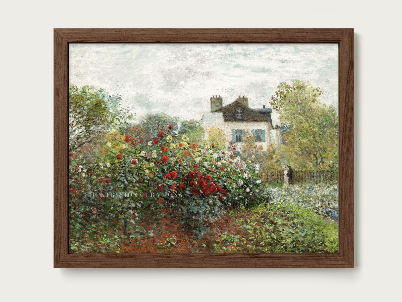 Cottage garden oil painting featuring red and pink roses, greenery, and a quiet farmhouse setting in soft tones. Framed in a walnut oak frame
