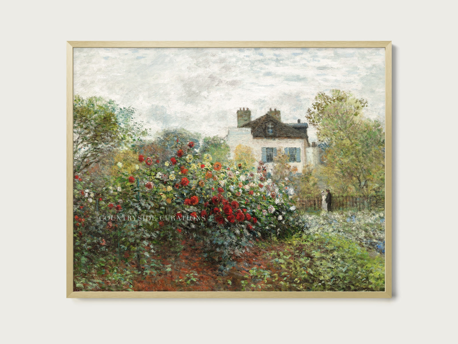 Romantic countryside oil painting of a blooming garden and white cottage with gentle brushwork and natural light.