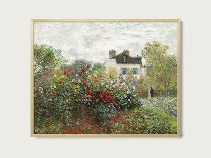 Romantic countryside oil painting of a blooming garden and white cottage with gentle brushwork and natural light.