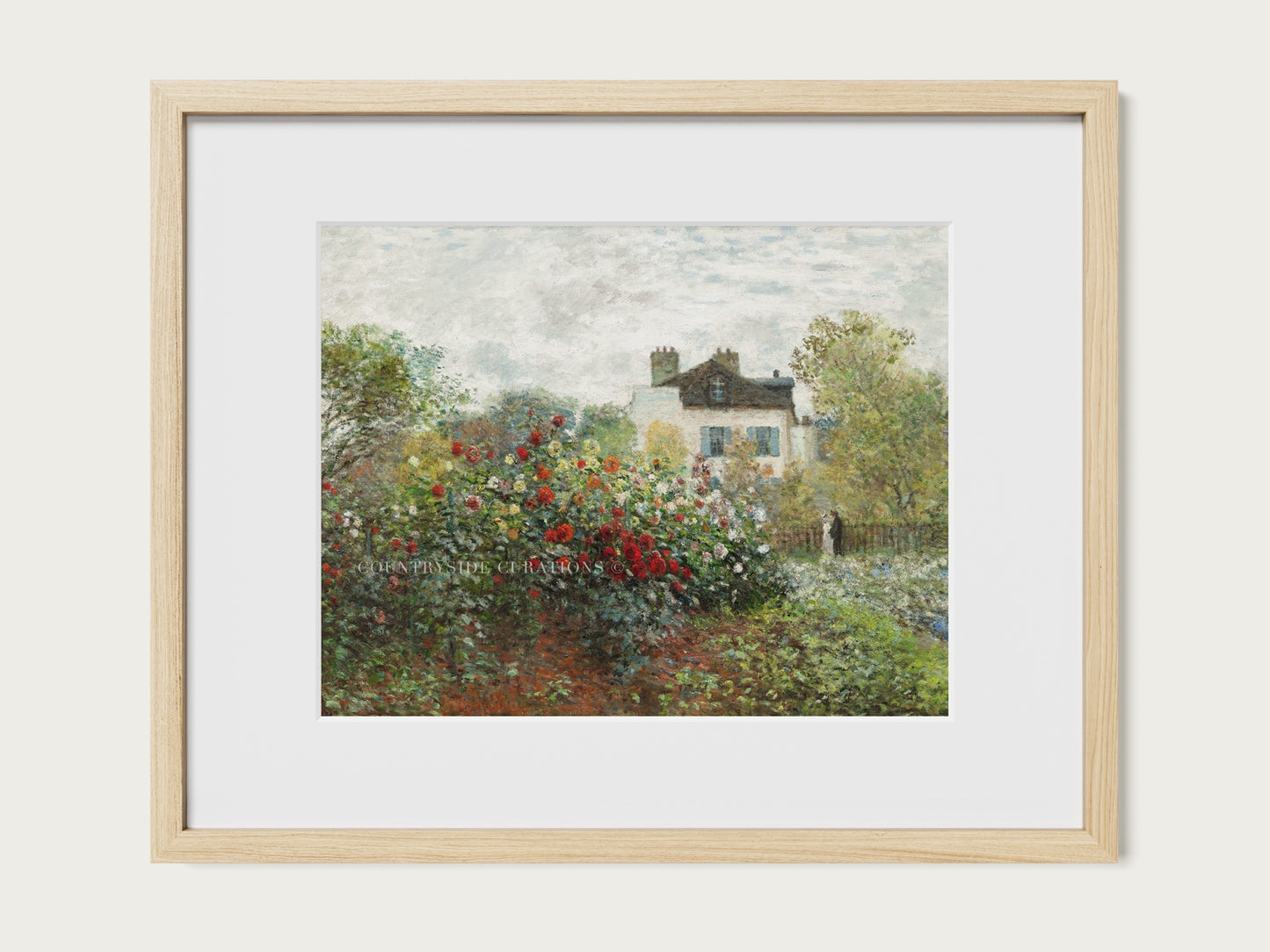 Vintage style oil painting of a cottage garden with a small country house framed in a solid oak wood frame.