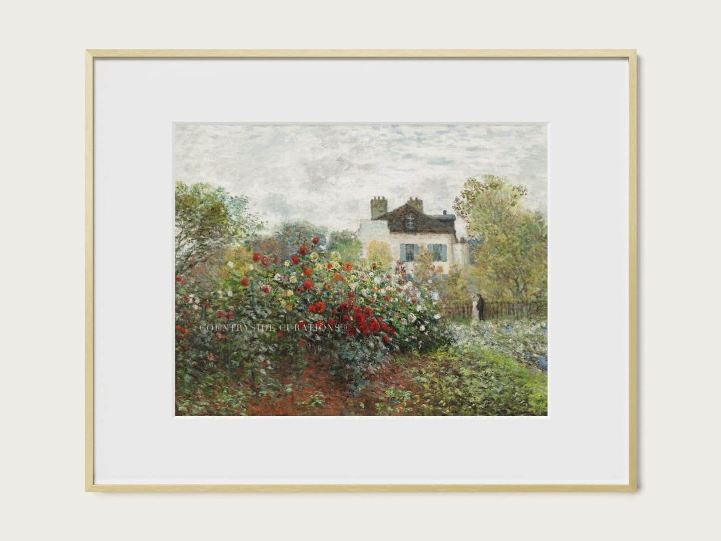 European farmhouse landscape art print of a cottage rose garden in France.
