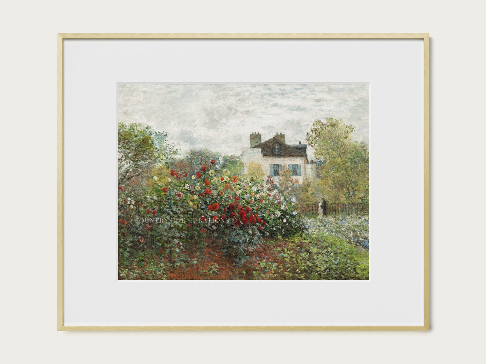 European farmhouse landscape art print of a cottage rose garden in France.