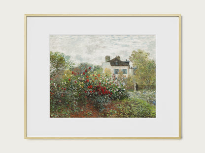 European farmhouse landscape art print of a cottage rose garden in France.