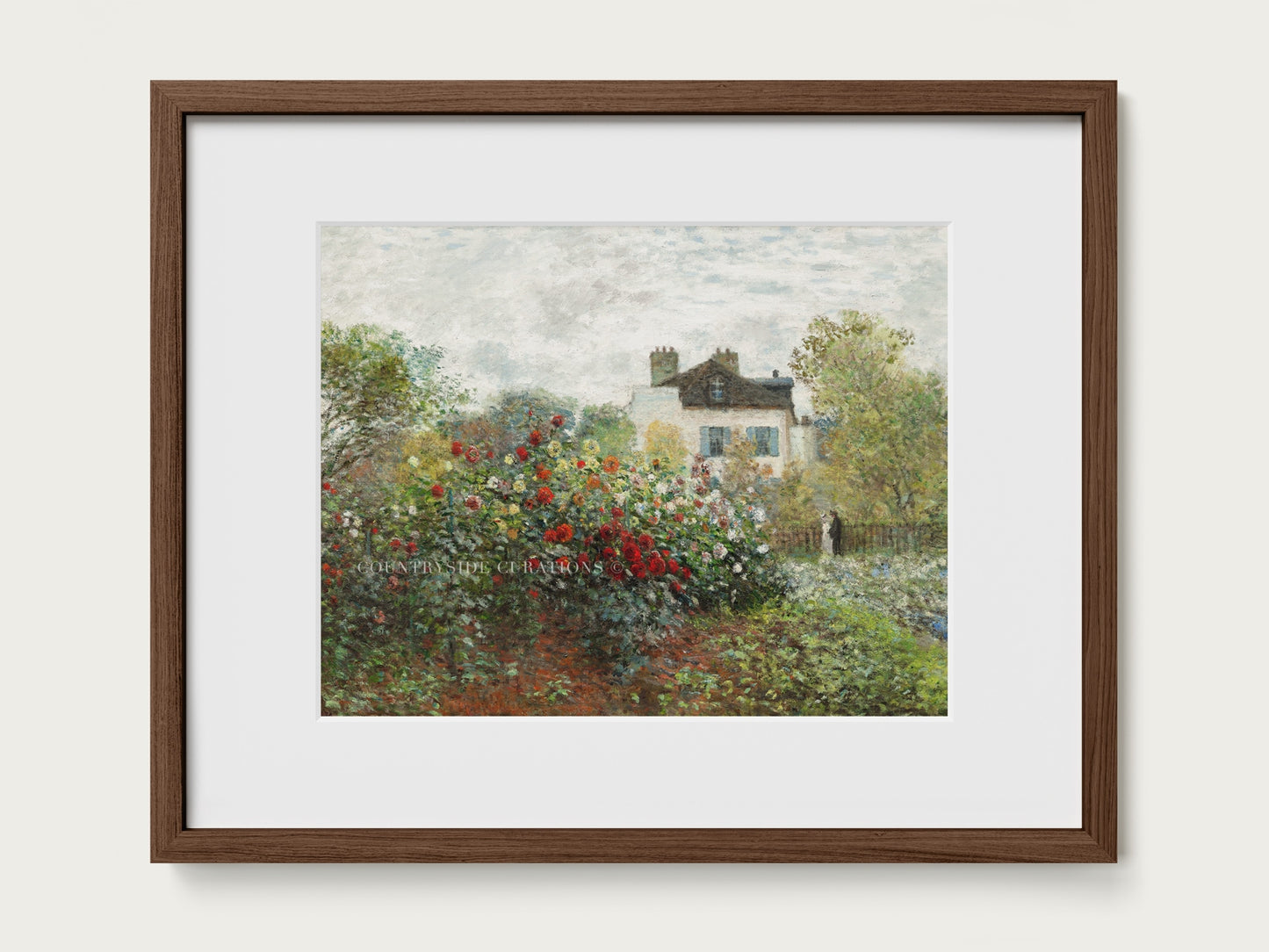 Vintage style oil painting of a cottage garden with a small country house framed in a solid walnut oak wood frame.
