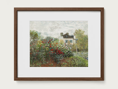 Vintage style oil painting of a cottage garden with a small country house framed in a solid walnut oak wood frame.