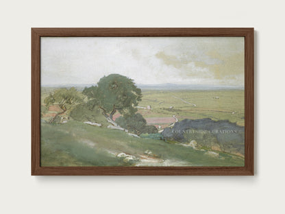 Vintage style watercolor of open countryside with trees and fields under a muted sky in a calm rural setting.