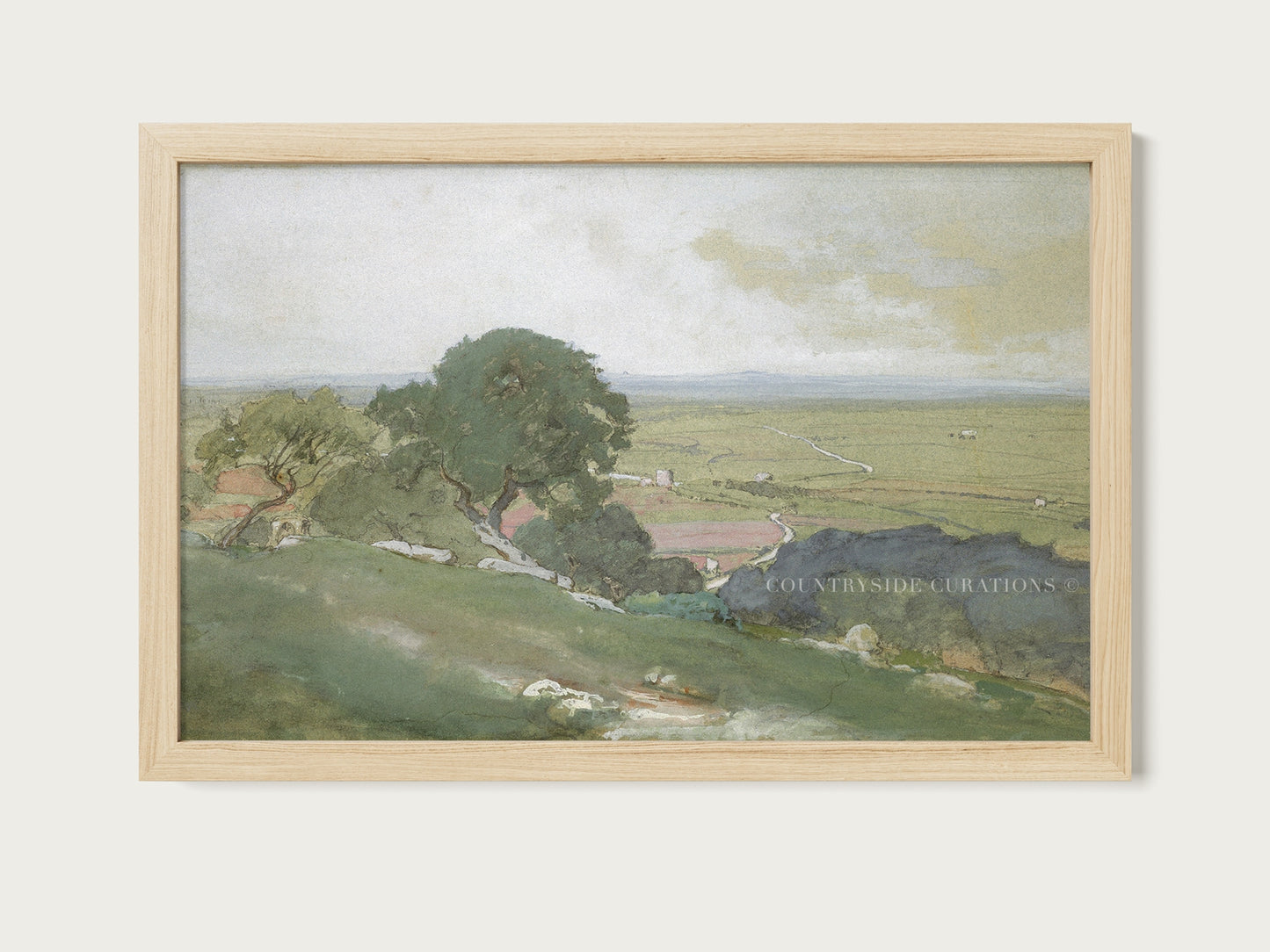 Pastoral watercolor landscape showing gentle hills, trees, and distant farmland with soft natural colors.