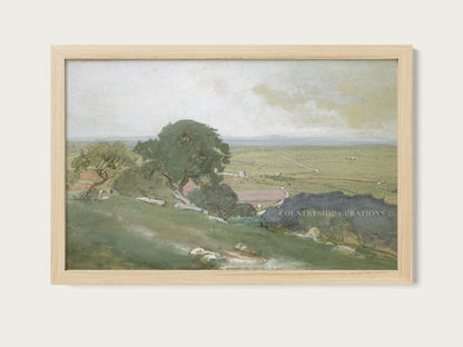 Pastoral watercolor landscape showing gentle hills, trees, and distant farmland with soft natural colors.