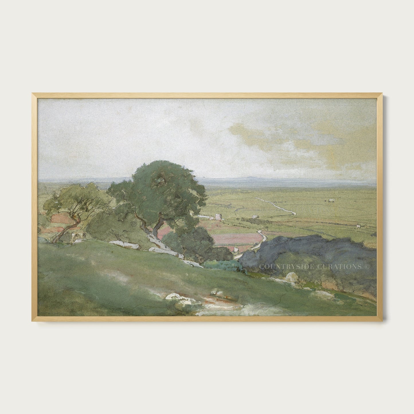 Countryside watercolor painting with rolling fields, scattered trees, and soft sky creating a peaceful scene.