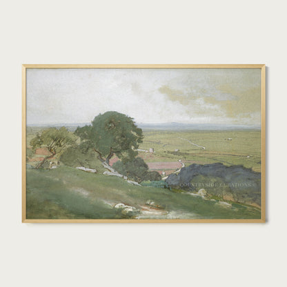 Countryside watercolor painting with rolling fields, scattered trees, and soft sky creating a peaceful scene.