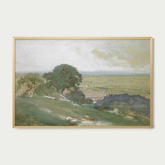 Countryside watercolor painting with rolling fields, scattered trees, and soft sky creating a peaceful scene.