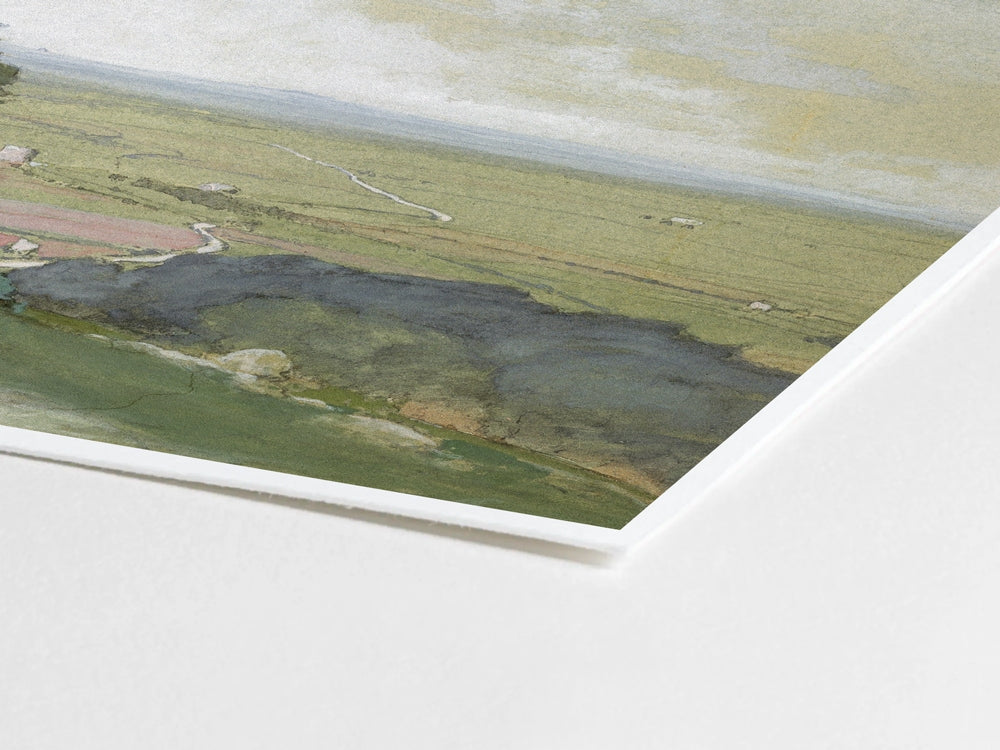 Watercolor painting of a countryside landscape with rolling hills, trees, and distant fields in soft green tones.