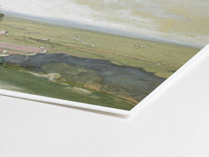 Watercolor painting of a countryside landscape with rolling hills, trees, and distant fields in soft green tones.